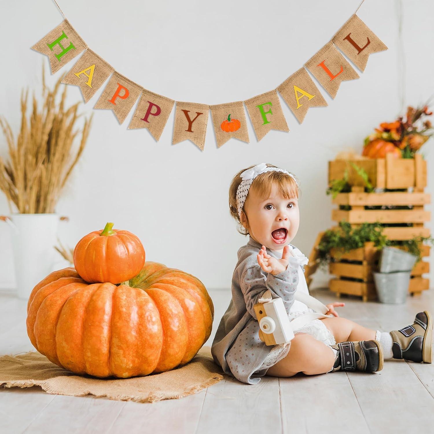 imageWhaline Happy Fall Pumpkin Burlap Banner Harvest Home Decor Bunting Flag Garland for Mantel Fireplace Thanksgiving Day Party DecorationColorful
