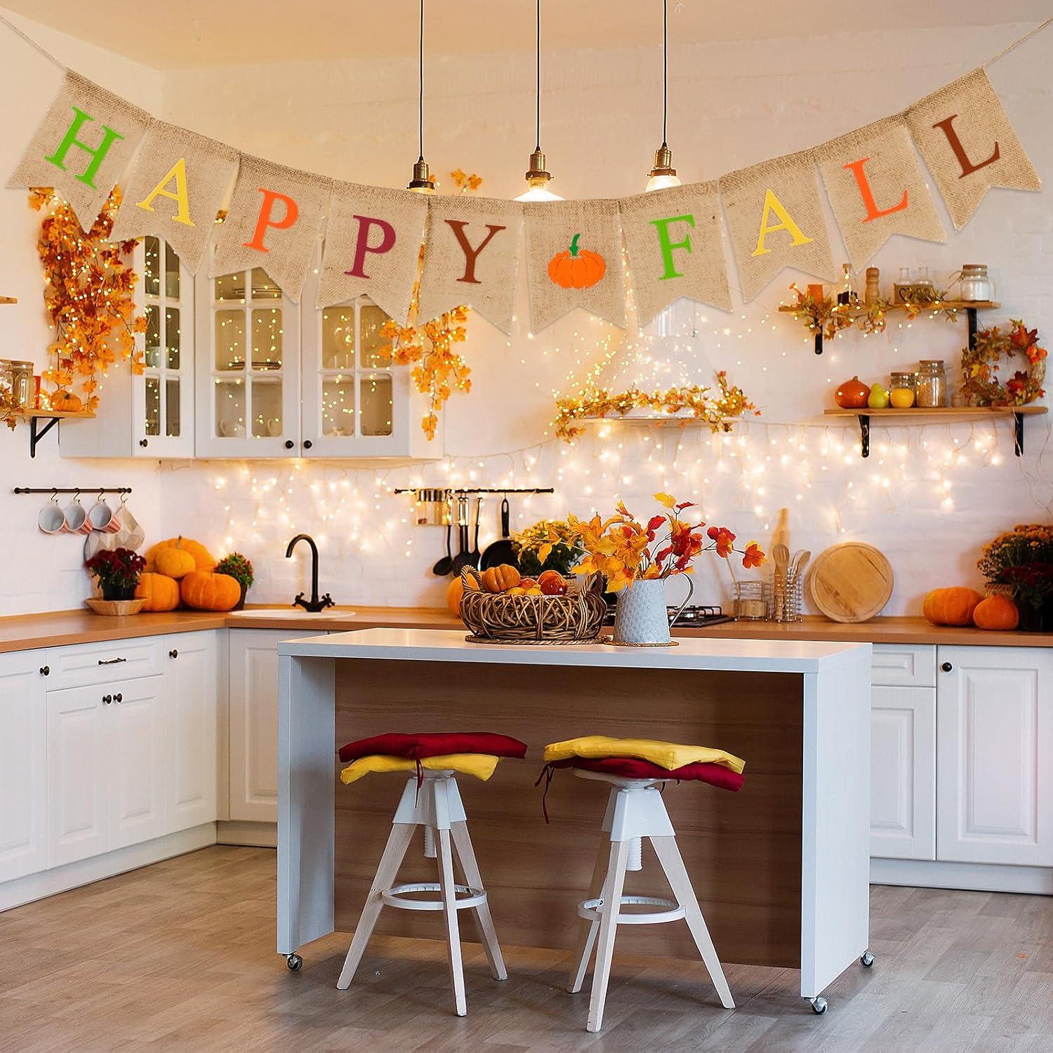 imageWhaline Happy Fall Pumpkin Burlap Banner Harvest Home Decor Bunting Flag Garland for Mantel Fireplace Thanksgiving Day Party DecorationColorful