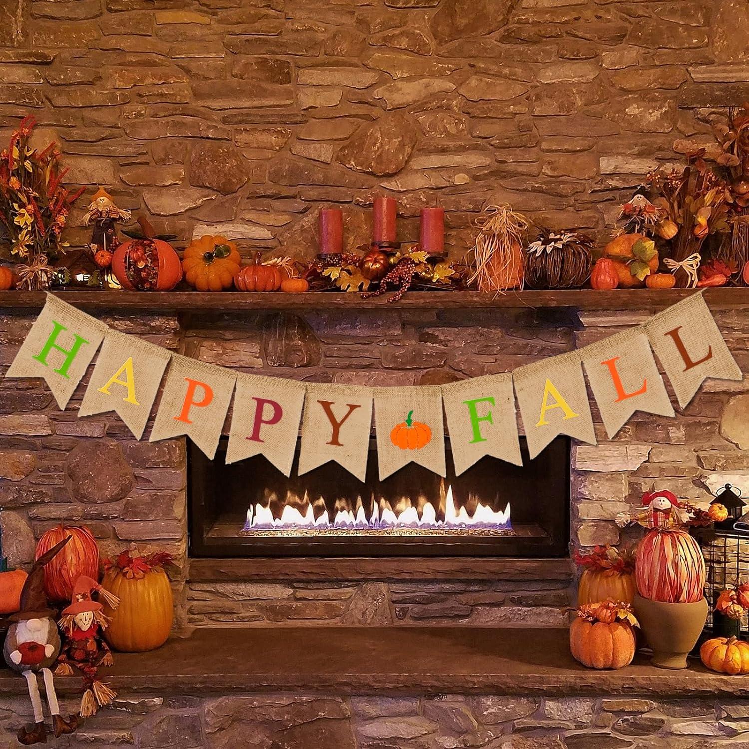 imageWhaline Happy Fall Pumpkin Burlap Banner Harvest Home Decor Bunting Flag Garland for Mantel Fireplace Thanksgiving Day Party DecorationColorful