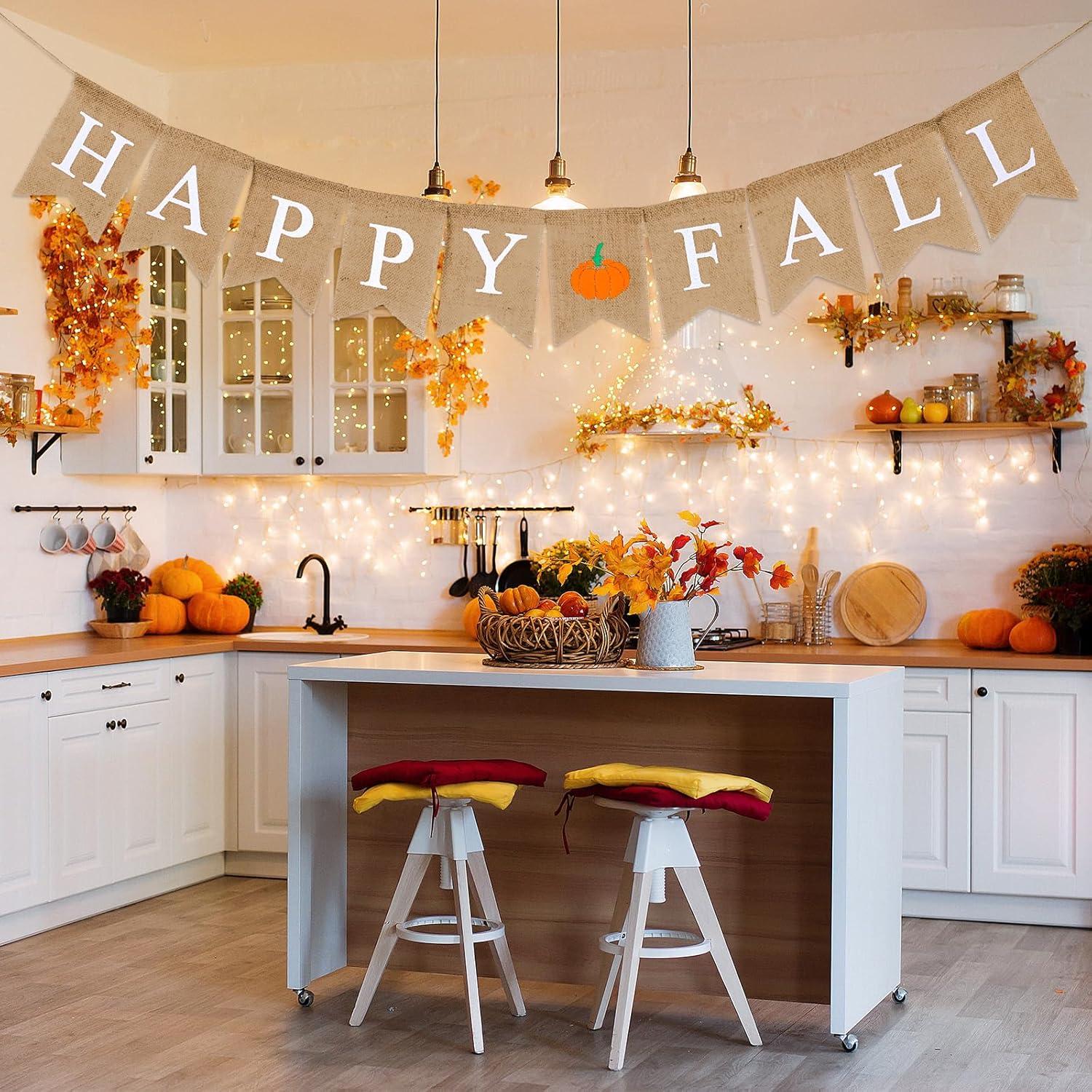 imageWhaline Happy Fall Pumpkin Burlap Banner Harvest Home Decor Bunting Flag Garland for Mantel Fireplace Thanksgiving Day Party DecorationWhite