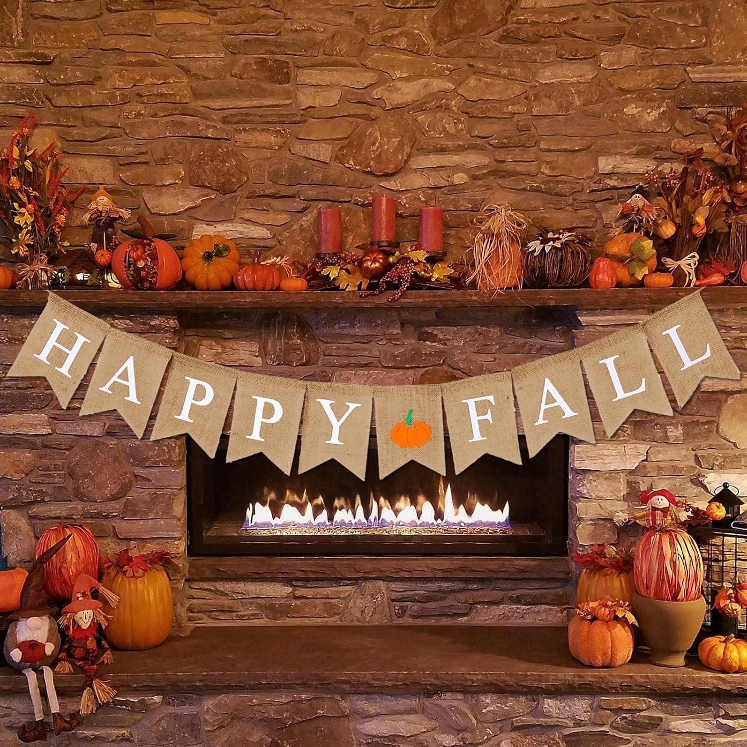 imageWhaline Happy Fall Pumpkin Burlap Banner Harvest Home Decor Bunting Flag Garland for Mantel Fireplace Thanksgiving Day Party DecorationWhite