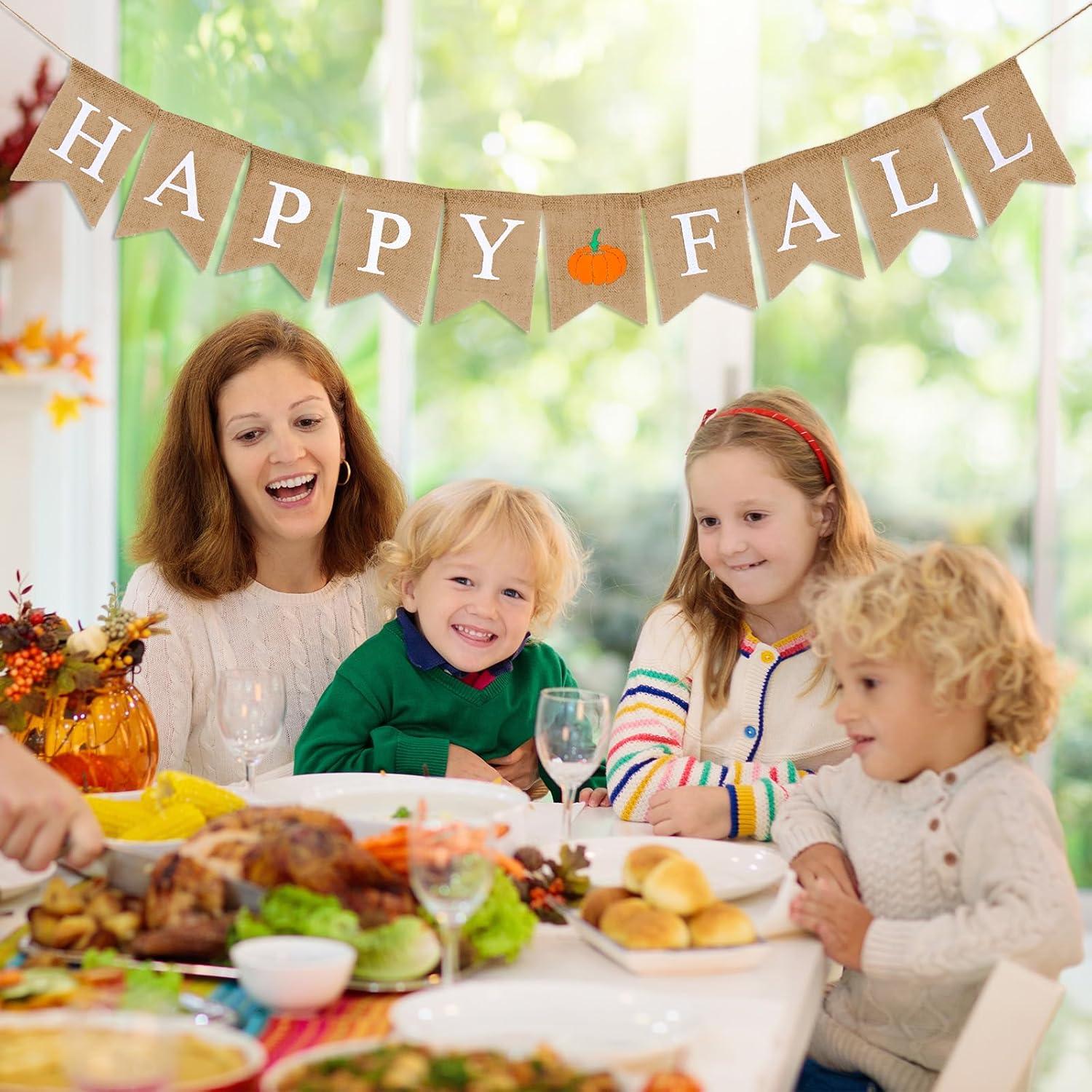 imageWhaline Happy Fall Pumpkin Burlap Banner Harvest Home Decor Bunting Flag Garland for Mantel Fireplace Thanksgiving Day Party DecorationWhite