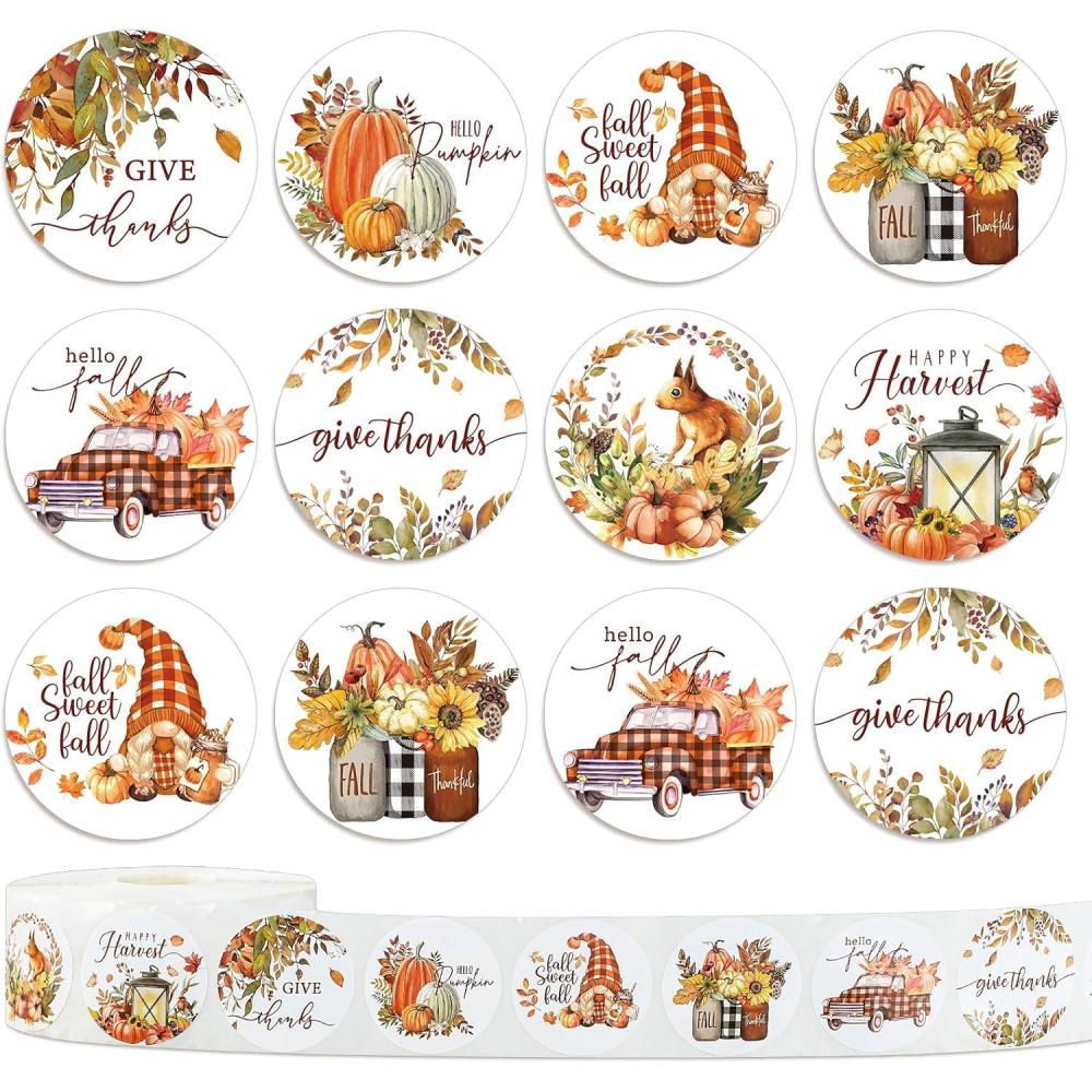 imageWhaline 1000Pcs Fall Thanksgiving Stickers Pumpkin Maple Leaf Autumn Round Stickers Sealing Labels for Thanksgiving Party Gift Supplies 8 DesignFall
