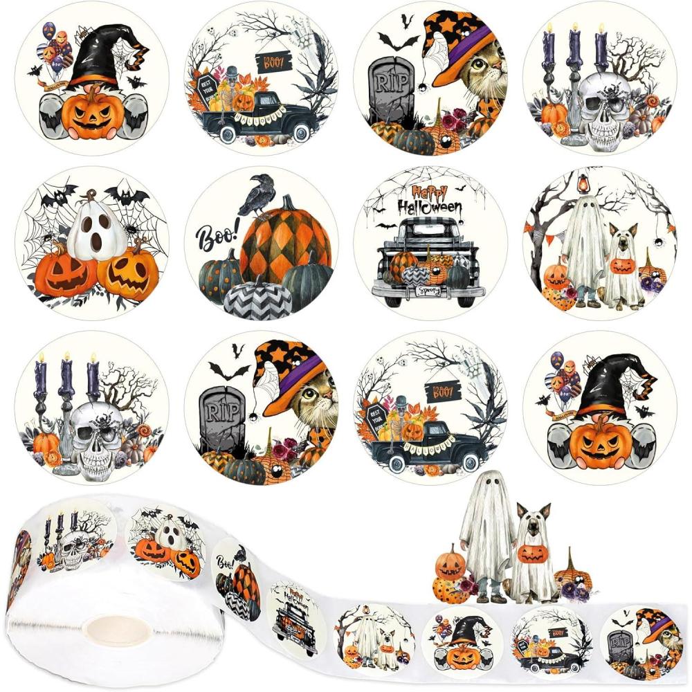 imageWhaline 1000Pcs Fall Thanksgiving Stickers Pumpkin Maple Leaf Autumn Round Stickers Sealing Labels for Thanksgiving Party Gift Supplies 8 DesignHalloween