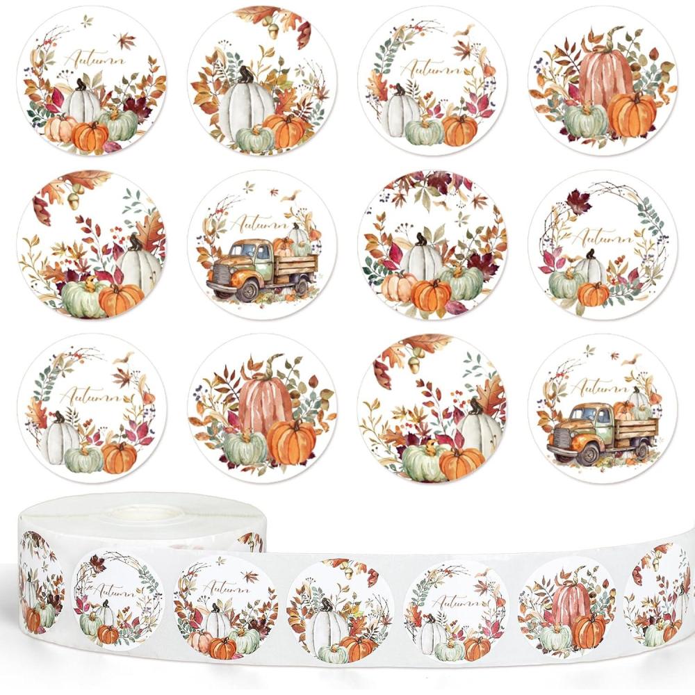 imageWhaline 1000Pcs Fall Thanksgiving Stickers Pumpkin Maple Leaf Autumn Round Stickers Sealing Labels for Thanksgiving Party Gift Supplies 8 DesignRetro Fall