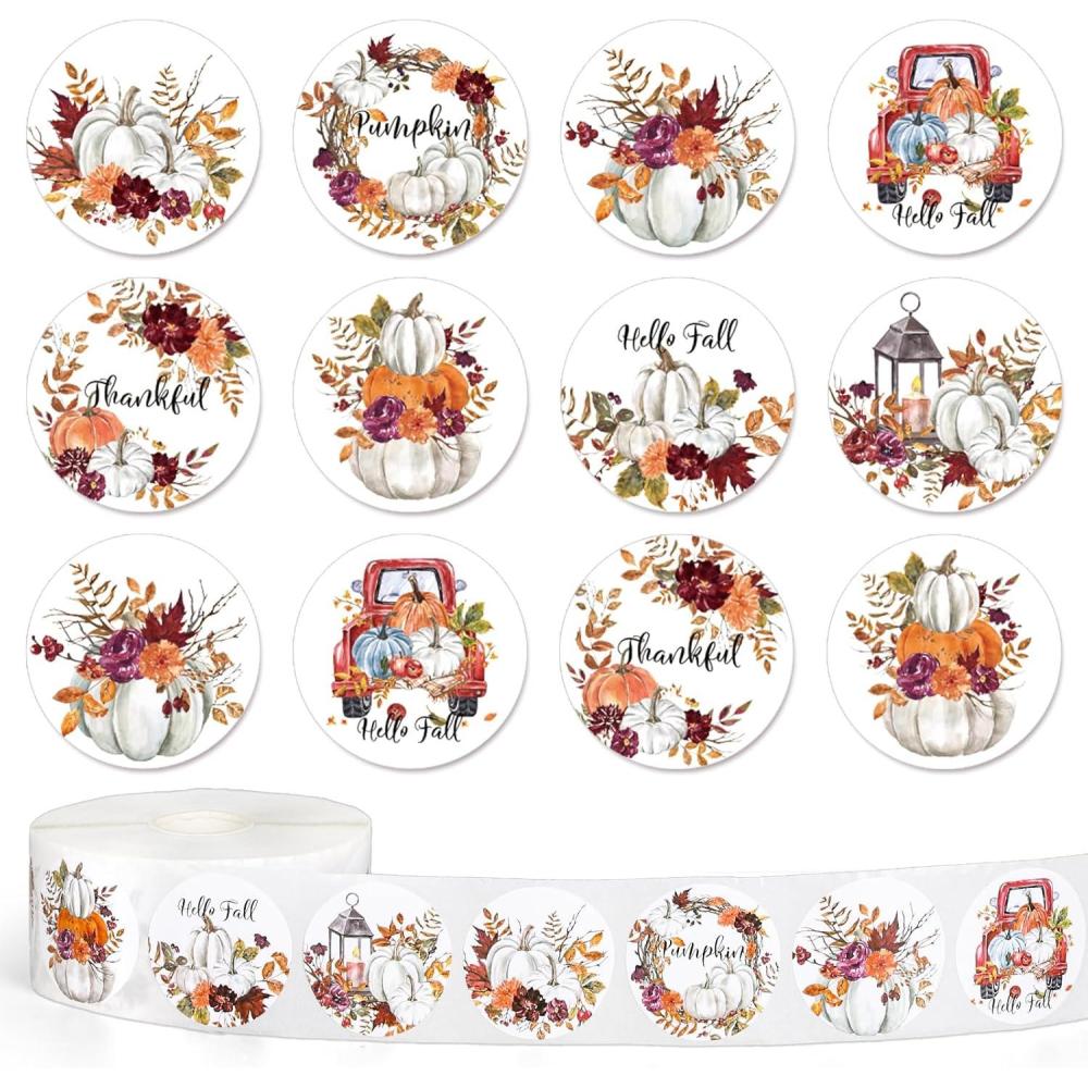 imageWhaline 1000Pcs Fall Thanksgiving Stickers Pumpkin Maple Leaf Autumn Round Stickers Sealing Labels for Thanksgiving Party Gift Supplies 8 DesignWhite Pumpkin