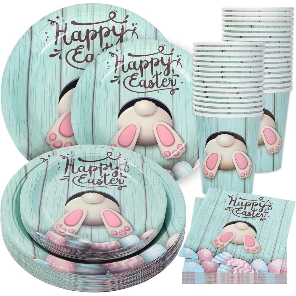 imageWhaline 100Pcs Fall Tableware Set Colorful Pumpkin Autumn Leaves Disposable Dinnerware Set 50Pcs Paper Plates 25Pcs Napkin 25Pcs Cups for Holiday Thanksgiving Birthday Party Supplies Table DecorationsEaster Bunny Egg