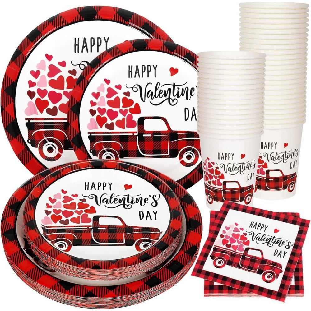 imageWhaline 100Pcs Fall Tableware Set Colorful Pumpkin Autumn Leaves Disposable Dinnerware Set 50Pcs Paper Plates 25Pcs Napkin 25Pcs Cups for Holiday Thanksgiving Birthday Party Supplies Table DecorationsValentines Day Plaid Heart Truck