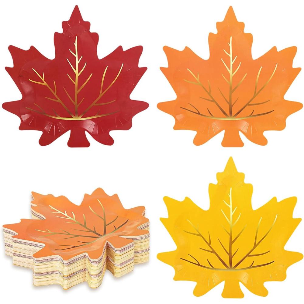 imageWhaline 30Pcs Thanksgiving Fall Leaf Paper Plates Fall Disposable Plates 3 Colors Gold Foil Autumn Leaves Harvest Plates for Thanksgiving Wedding Event Holiday Dinner Tableware Supplies Decor