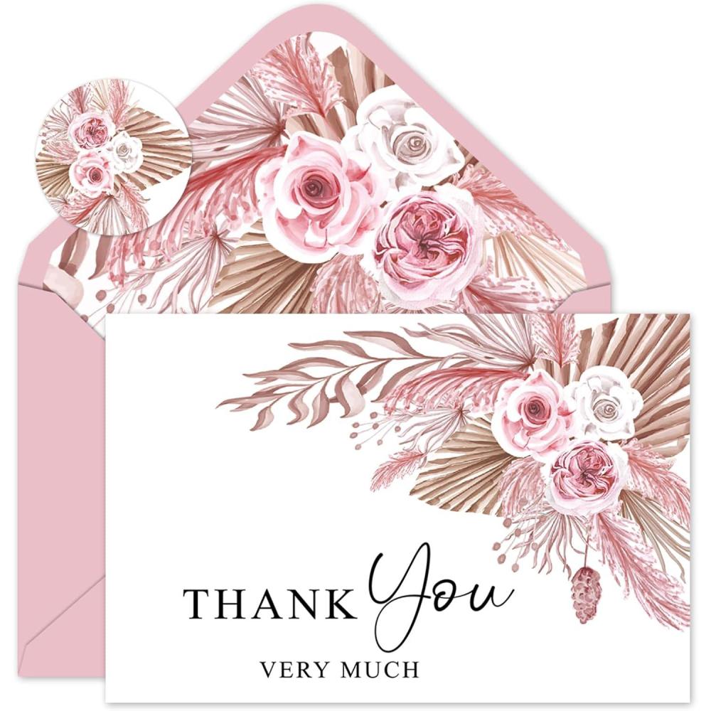 imageWhaline 36Pcs Watercolor Floral Thank You Cards with Envelopes and Stickers Orange Rose Greeting Cards Blank Note Cards for Weddings Bridal Shower Baby ShowerBoho Pink Floral