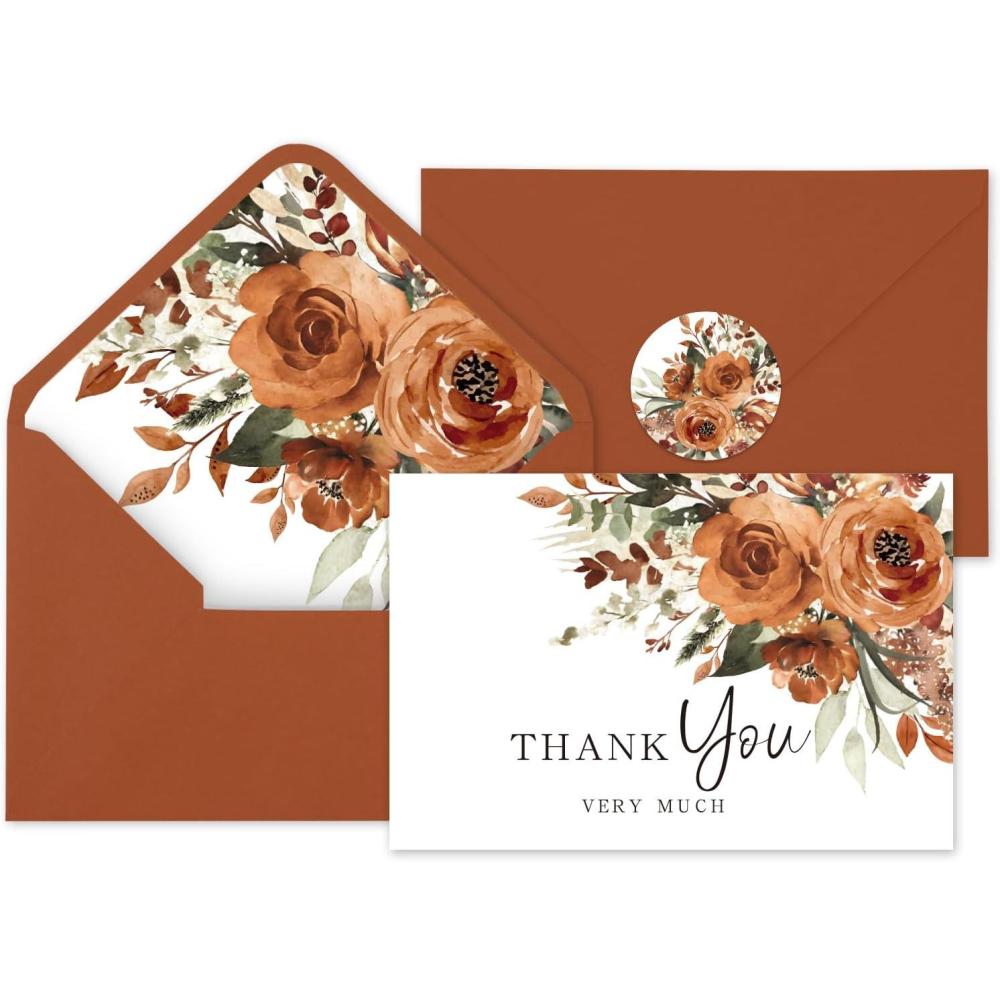 imageWhaline 36Pcs Watercolor Floral Thank You Cards with Envelopes and Stickers Orange Rose Greeting Cards Blank Note Cards for Weddings Bridal Shower Baby ShowerTerracotta Floral