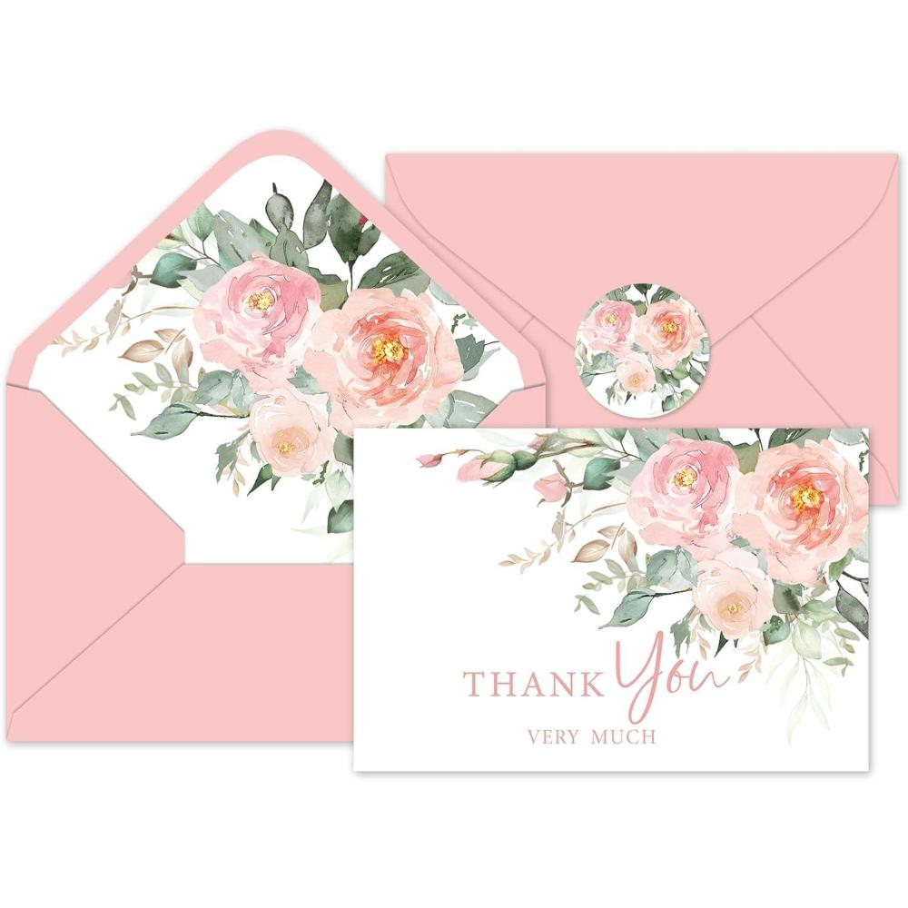 imageWhaline 36Pcs Watercolor Floral Thank You Cards with Envelopes and Stickers Orange Rose Greeting Cards Blank Note Cards for Weddings Bridal Shower Baby ShowerDusty Peach Floral