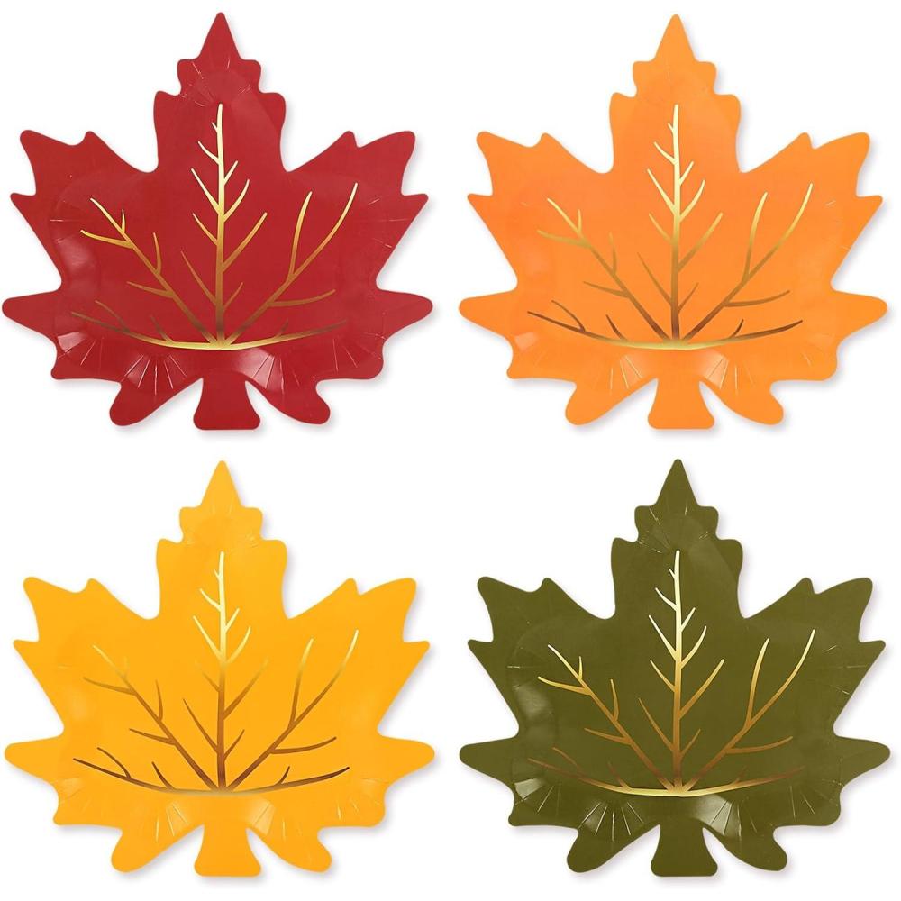 imageWhaline 40Pcs Fall Thanksgiving Paper Plates Gold Foil Maple Leaves Disposable Plates Red Orange Yellow Green Retro Tableware for Autumn Thanksgiving Party Supplies Table Decor 85 in