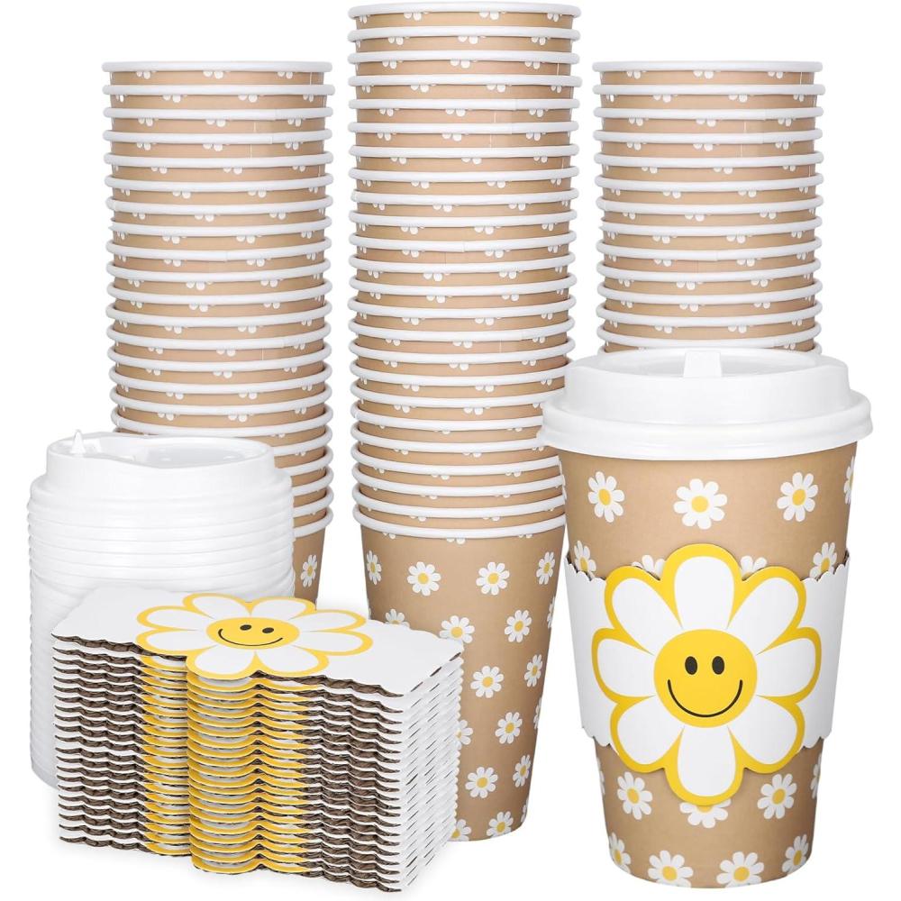 imageWhaline 50Pcs Fall Thanksgiving Pumpkin Disposable Coffee Cups with Lids and Sleeves PinkOrange Pumpkin Paper Drinking Cups for Autumn Restaurant Travel Business SuppliesSmile Daisy Flower