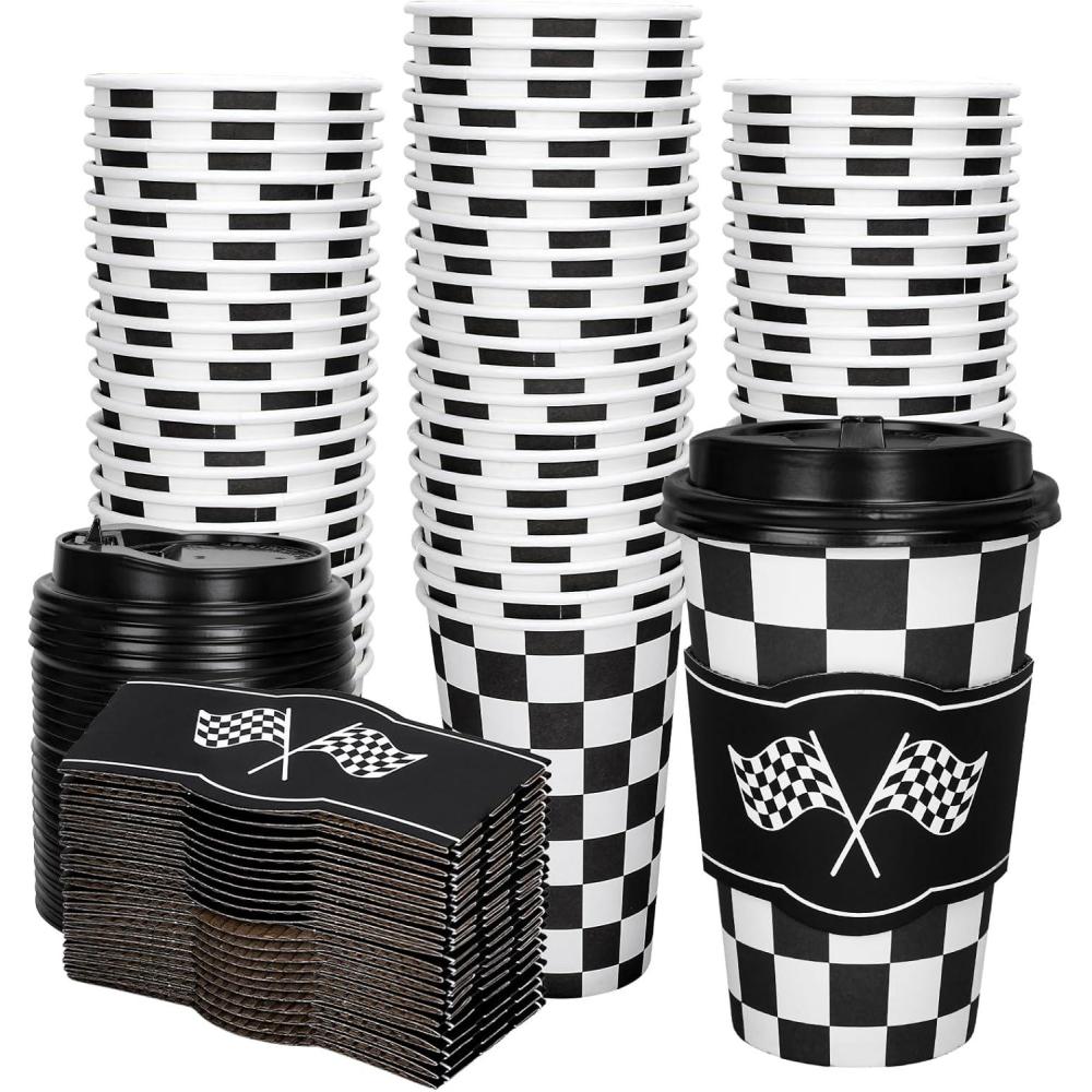 imageWhaline 50Pcs Fall Thanksgiving Pumpkin Disposable Coffee Cups with Lids and Sleeves PinkOrange Pumpkin Paper Drinking Cups for Autumn Restaurant Travel Business SuppliesCheckered Flag