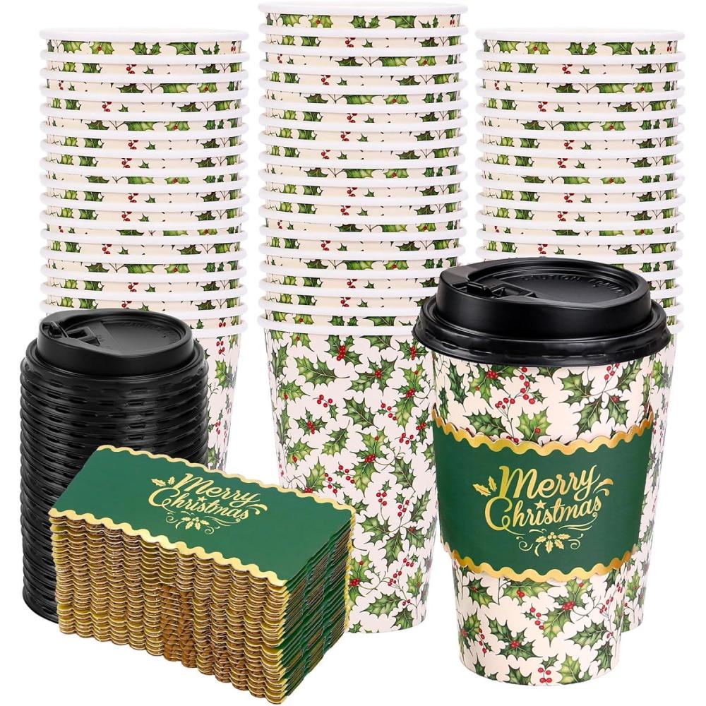 imageWhaline 50Pcs Fall Thanksgiving Pumpkin Disposable Coffee Cups with Lids and Sleeves PinkOrange Pumpkin Paper Drinking Cups for Autumn Restaurant Travel Business SuppliesChristmas Holly Berry
