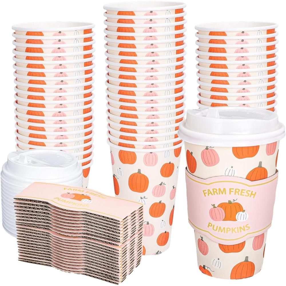 imageWhaline 50Pcs Fall Thanksgiving Pumpkin Disposable Coffee Cups with Lids and Sleeves PinkOrange Pumpkin Paper Drinking Cups for Autumn Restaurant Travel Business SuppliesFall Thanksgiving Pumpkin