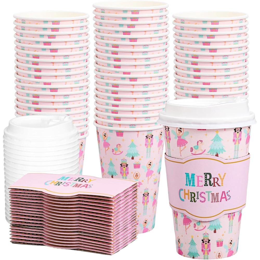 imageWhaline 50Pcs Fall Thanksgiving Pumpkin Disposable Coffee Cups with Lids and Sleeves PinkOrange Pumpkin Paper Drinking Cups for Autumn Restaurant Travel Business SuppliesChristmas Pink Nutcracker