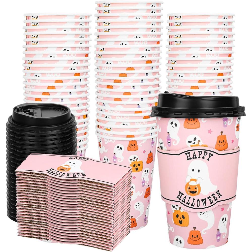 imageWhaline 50Pcs Fall Thanksgiving Pumpkin Disposable Coffee Cups with Lids and Sleeves PinkOrange Pumpkin Paper Drinking Cups for Autumn Restaurant Travel Business SuppliesHalloween Pink Ghost pumpkin