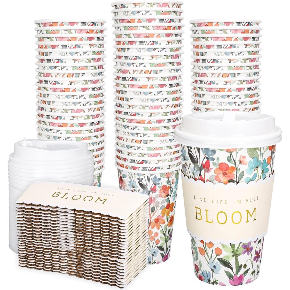 imageWhaline 50Pcs Fall Thanksgiving Pumpkin Disposable Coffee Cups with Lids and Sleeves PinkOrange Pumpkin Paper Drinking Cups for Autumn Restaurant Travel Business SuppliesWatercolor Wildflower