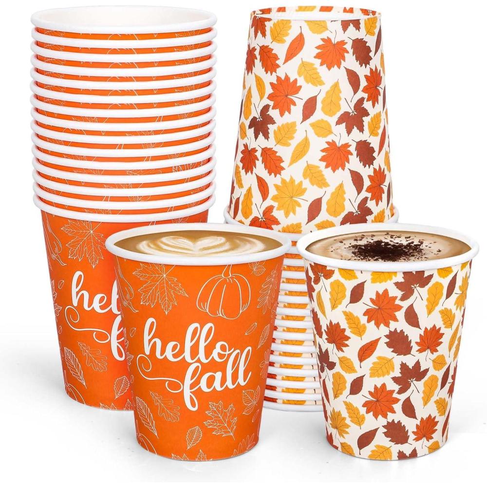 imageWhaline 50Pcs Hello Fall Paper Cups Maple Leaves Disposable Cups Bulk Autumn Thanksgiving Decorative Party Cups for Cold Hot Beverage Drinkware Table Decor Party Supplies 9 OzFall
