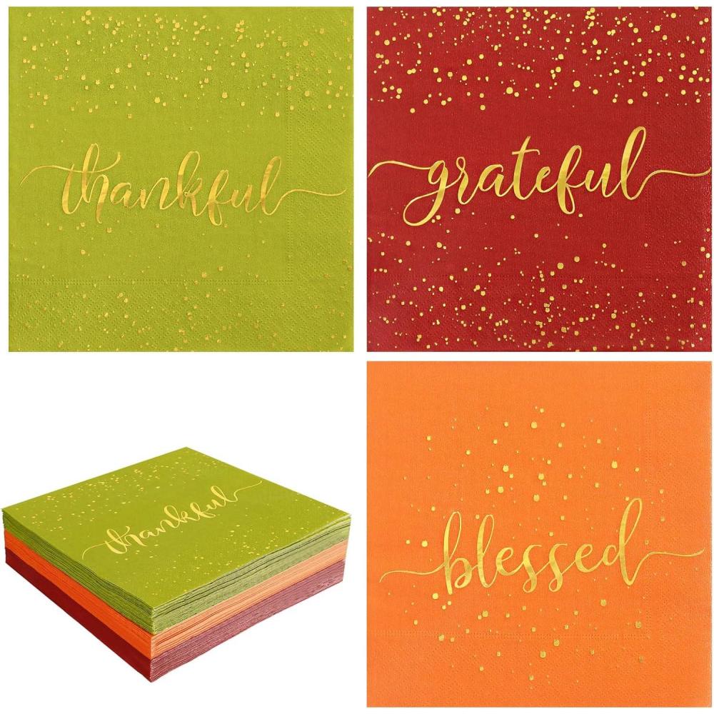 imageWhaline 75 Pack Thanksgiving Fall Paper Napkins 65 x 65 Inch Gold Foil Disposable Guest Napkins Thankful Blessed Autumn Color Grateful Paper Napkins for Fall Harvest Thanksgiving Dinner Party Decor
