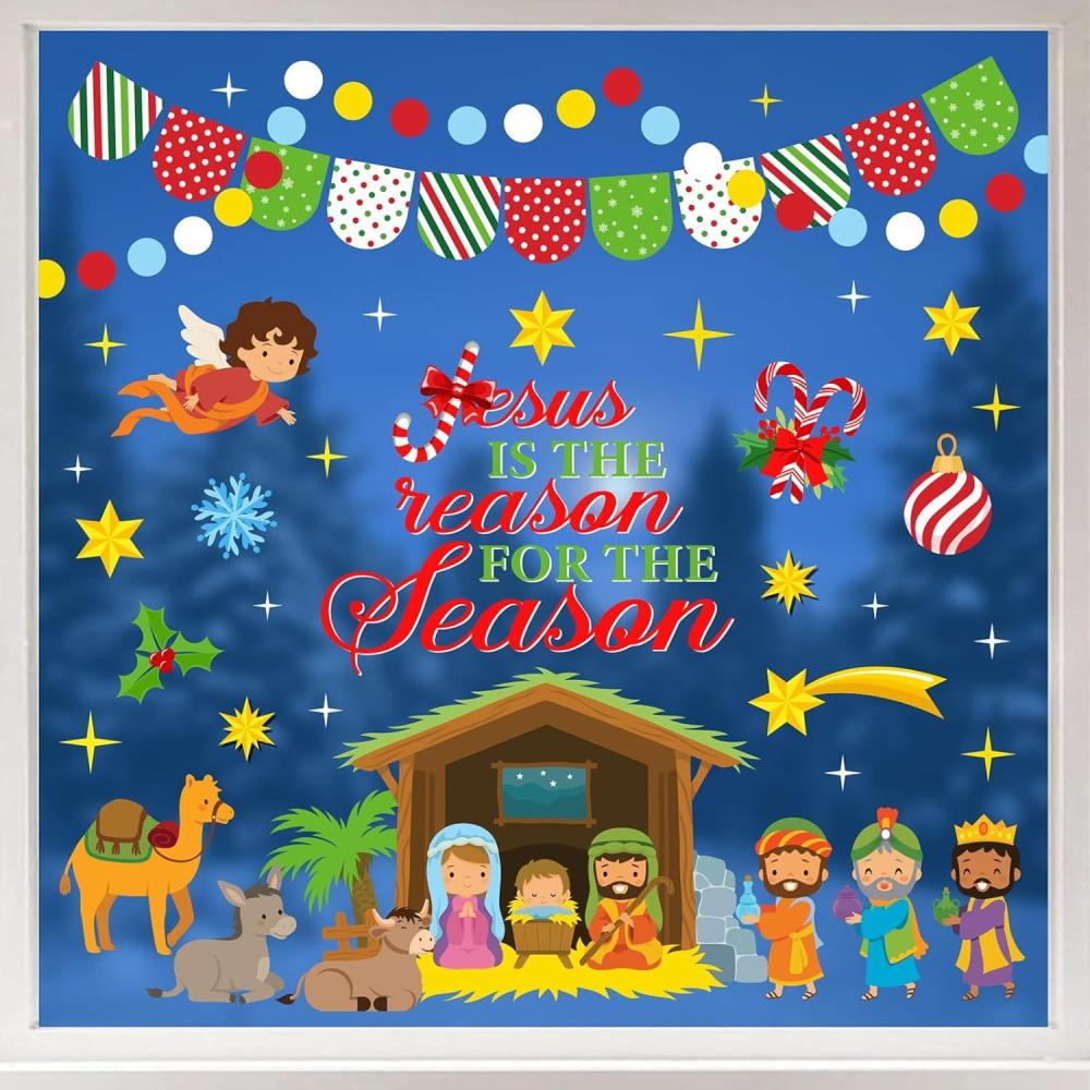 imageWhaline 9 Sheets Happy Fall Thanksgiving Window Clings Autumn Cute Cartoon Window Stickers Static Reusable Glass Decals for Harvest Party Home Classroom Office Decor SuppliesJesus Nativity