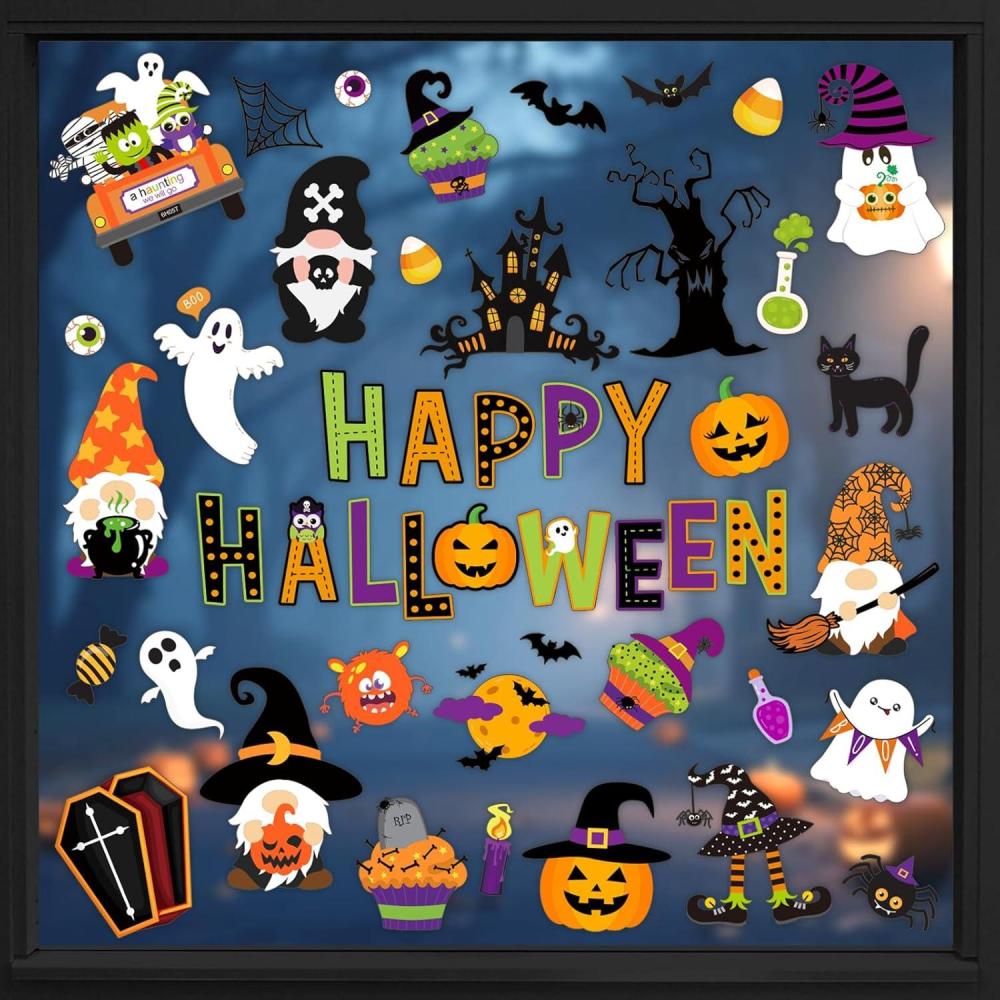 imageWhaline 9 Sheets Happy Fall Thanksgiving Window Clings Autumn Cute Cartoon Window Stickers Static Reusable Glass Decals for Harvest Party Home Classroom Office Decor SuppliesHalloween