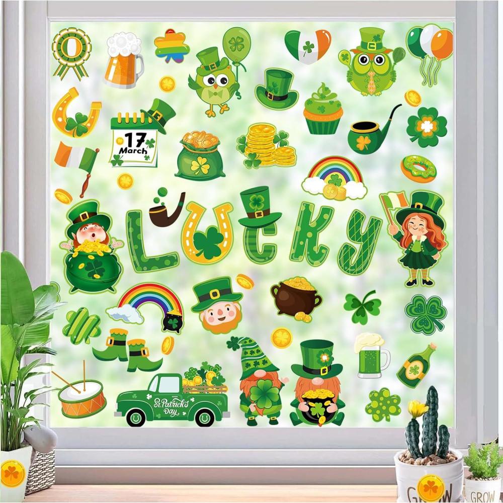 imageWhaline 9 Sheets Happy Fall Thanksgiving Window Clings Autumn Cute Cartoon Window Stickers Static Reusable Glass Decals for Harvest Party Home Classroom Office Decor SuppliesSt Patricks Day