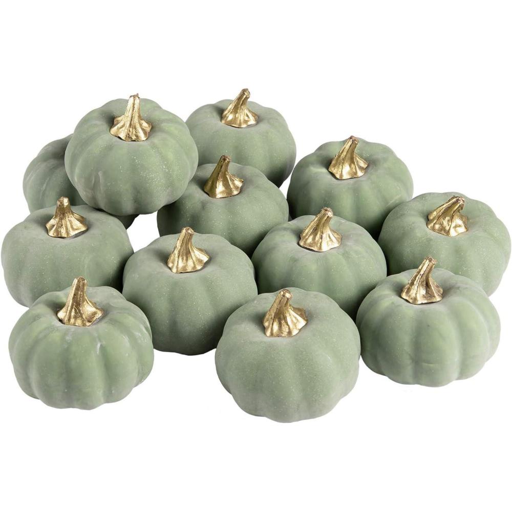 imageWhaline Artificial Pumpkins Bulk Vintage Green Fake Foam Lifelike Pumpkin for Fall Thanksgiving Halloween Home Party House Kitchen Wedding Decor12pcsGreen