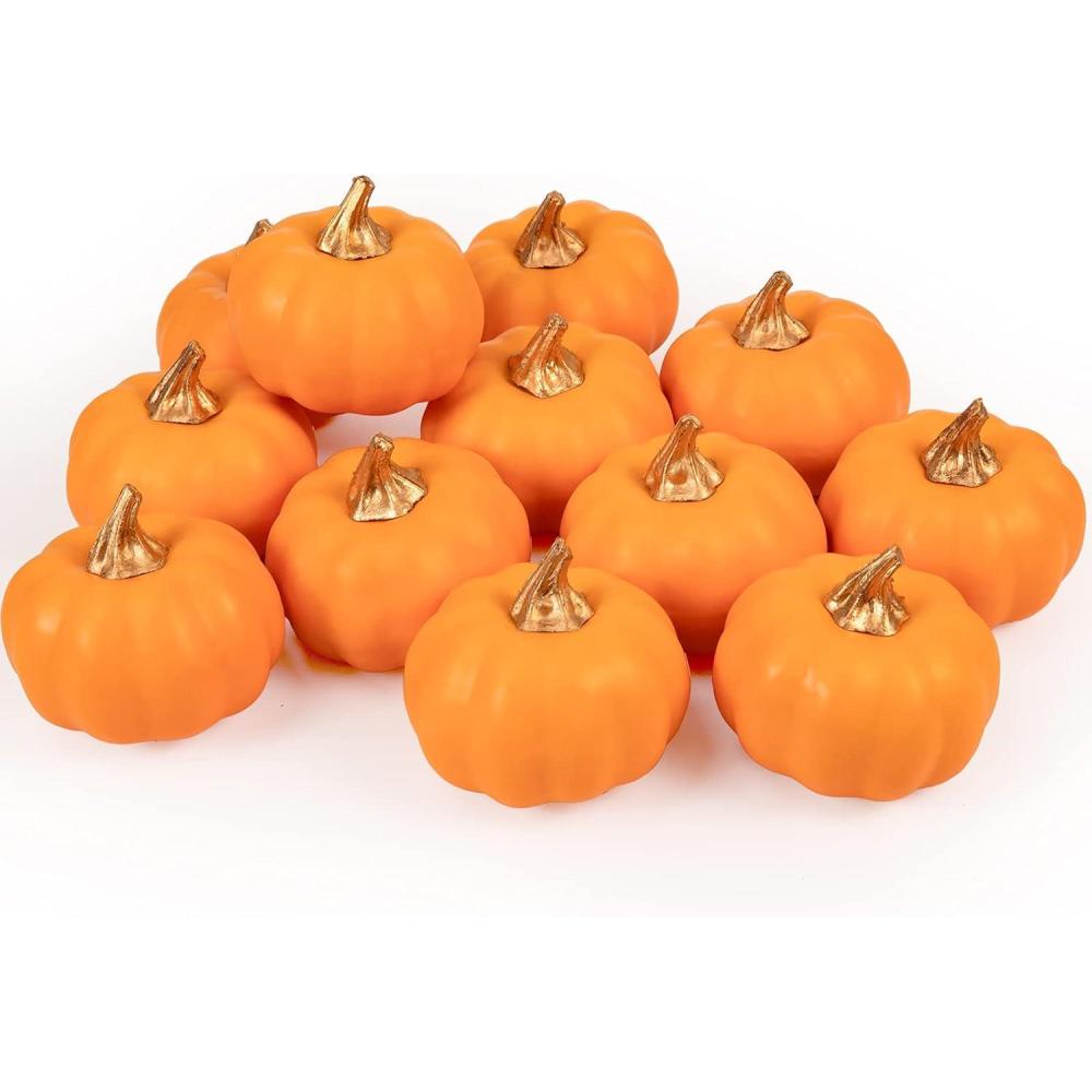 imageWhaline Artificial Pumpkins Bulk Vintage Green Fake Foam Lifelike Pumpkin for Fall Thanksgiving Halloween Home Party House Kitchen Wedding Decor12pcsOrange