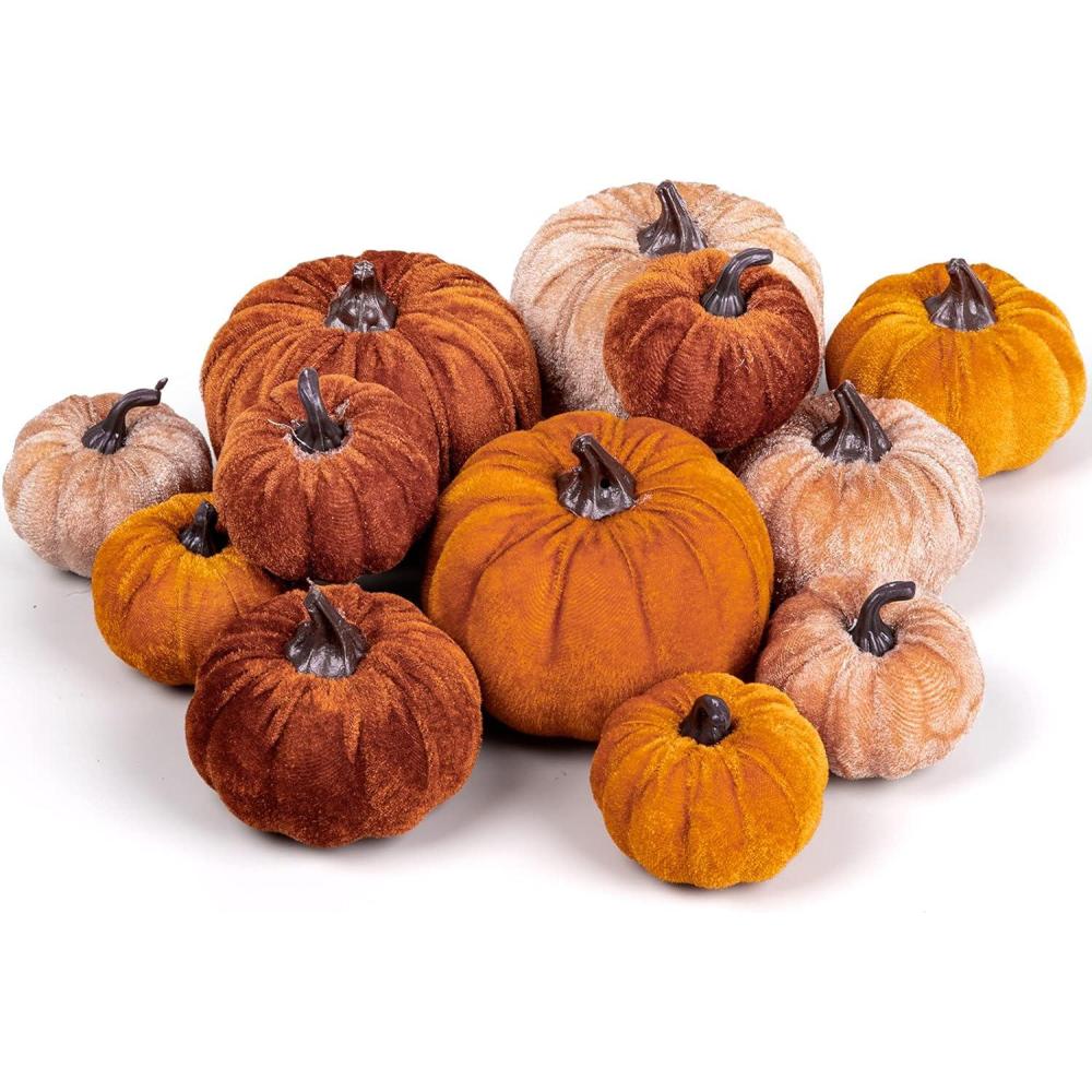 imageWhaline Fall Artificial Pumpkins Velvet Faux Fake Pumpkin Decor Autumn Harvest Farmhouse Table Centerpiece 3 Sizes Orange Brown Khaki Small Foam Pumpkins for Halloween Thanksgiving Party 12PcsOrange Brown Khaki