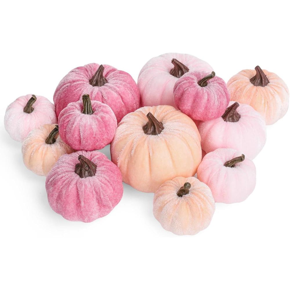 imageWhaline Fall Artificial Pumpkins Velvet Faux Fake Pumpkin Decor Autumn Harvest Farmhouse Table Centerpiece 3 Sizes Orange Brown Khaki Small Foam Pumpkins for Halloween Thanksgiving Party 12PcsPink Orange