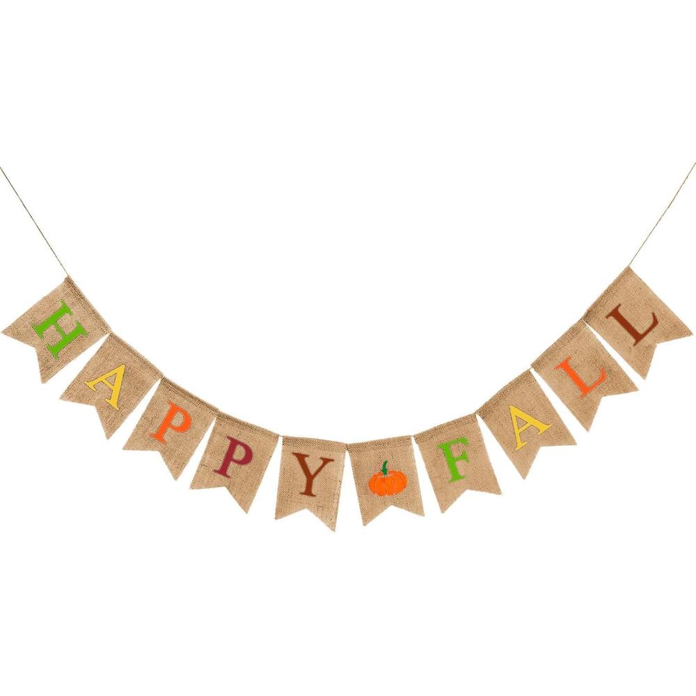 imageWhaline Happy Fall Pumpkin Burlap Banner Harvest Home Decor Bunting Flag Garland for Mantel Fireplace Thanksgiving Day Party DecorationColorful