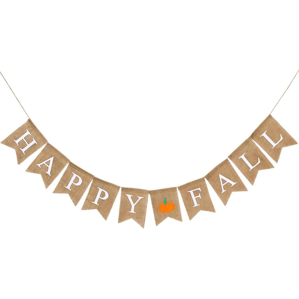 imageWhaline Happy Fall Pumpkin Burlap Banner Harvest Home Decor Bunting Flag Garland for Mantel Fireplace Thanksgiving Day Party DecorationWhite