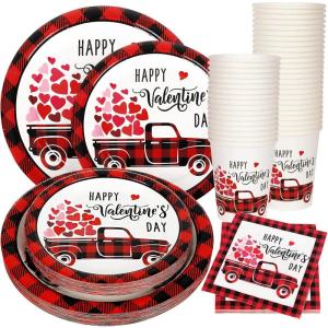 Whaline 100Pcs Fall Tableware Set Colorful Pumpkin Autumn Leaves Disposable Dinnerware Set 50Pcs Paper Plates 25Pcs Napkin 25Pcs Cups for Holiday Thanksgiving Birthday Party Supplies Table Decorations(Valentine’s Day Plaid Heart Truck)