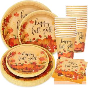 Whaline 100Pcs Fall Tableware Set Colorful Pumpkin Autumn Leaves Disposable Dinnerware Set 50Pcs Paper Plates 25Pcs Napkin 25Pcs Cups for Holiday Thanksgiving Birthday Party Supplies Table Decorations(Fall Cute)