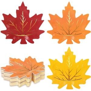 Whaline 30Pcs Thanksgiving Fall Leaf Paper Plates Fall Disposable Plates 3 Colors Gold Foil Autumn Leaves Harvest Plates for Thanksgiving Wedding Event Holiday Dinner Tableware Supplies Decor
