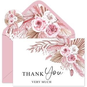 Whaline 36Pcs Watercolor Floral Thank You Cards with Envelopes and Stickers Orange Rose Greeting Cards Blank Note Cards for Weddings Bridal Shower Baby Shower(Boho Pink Floral)