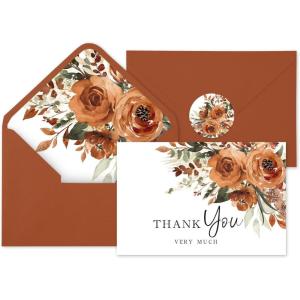 Whaline 36Pcs Watercolor Floral Thank You Cards with Envelopes and Stickers Orange Rose Greeting Cards Blank Note Cards for Weddings Bridal Shower Baby Shower(Terracotta Floral)