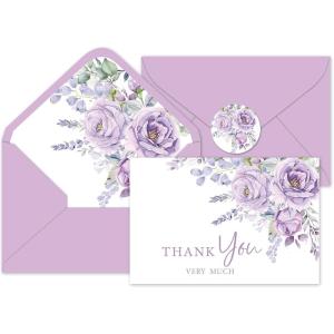 Whaline 36Pcs Watercolor Floral Thank You Cards with Envelopes and Stickers Orange Rose Greeting Cards Blank Note Cards for Weddings Bridal Shower Baby Shower(Purple Lavender)