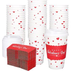 Whaline 50Pcs Fall Thanksgiving Pumpkin Disposable Coffee Cups with Lids and Sleeves Pink-Orange Pumpkin Paper Drinking Cups for Autumn Restaurant Travel Business Supplies(Valentine’ s Day)