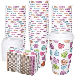 Whaline 50Pcs Fall Thanksgiving Pumpkin Disposable Coffee Cups with Lids and Sleeves Pink-Orange Pumpkin Paper Drinking Cups for Autumn Restaurant Travel Business Supplies(Conversation Heart)