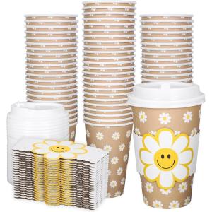 Whaline 50Pcs Fall Thanksgiving Pumpkin Disposable Coffee Cups with Lids and Sleeves Pink-Orange Pumpkin Paper Drinking Cups for Autumn Restaurant Travel Business Supplies(Smile Daisy Flower)