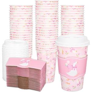Whaline 50Pcs Fall Thanksgiving Pumpkin Disposable Coffee Cups with Lids and Sleeves Pink-Orange Pumpkin Paper Drinking Cups for Autumn Restaurant Travel Business Supplies(One Silly Goose)