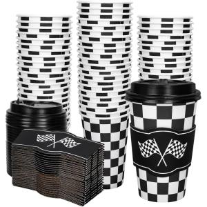 Whaline 50Pcs Fall Thanksgiving Pumpkin Disposable Coffee Cups with Lids and Sleeves Pink-Orange Pumpkin Paper Drinking Cups for Autumn Restaurant Travel Business Supplies(Checkered Flag)