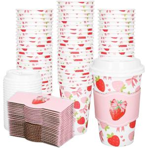 Whaline 50Pcs Fall Thanksgiving Pumpkin Disposable Coffee Cups with Lids and Sleeves Pink-Orange Pumpkin Paper Drinking Cups for Autumn Restaurant Travel Business Supplies(Cute Bow Strawberry)