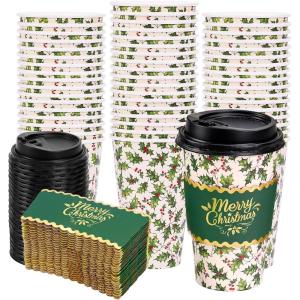 Whaline 50Pcs Fall Thanksgiving Pumpkin Disposable Coffee Cups with Lids and Sleeves Pink-Orange Pumpkin Paper Drinking Cups for Autumn Restaurant Travel Business Supplies(Christmas Holly Berry)
