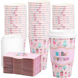 Whaline 50Pcs Fall Thanksgiving Pumpkin Disposable Coffee Cups with Lids and Sleeves Pink-Orange Pumpkin Paper Drinking Cups for Autumn Restaurant Travel Business Supplies(Christmas Pink Nutcracker)