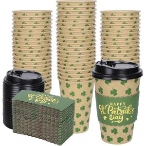 Whaline 50Pcs Fall Thanksgiving Pumpkin Disposable Coffee Cups with Lids and Sleeves Pink-Orange Pumpkin Paper Drinking Cups for Autumn Restaurant Travel Business Supplies(St. Patrick’ s Day)